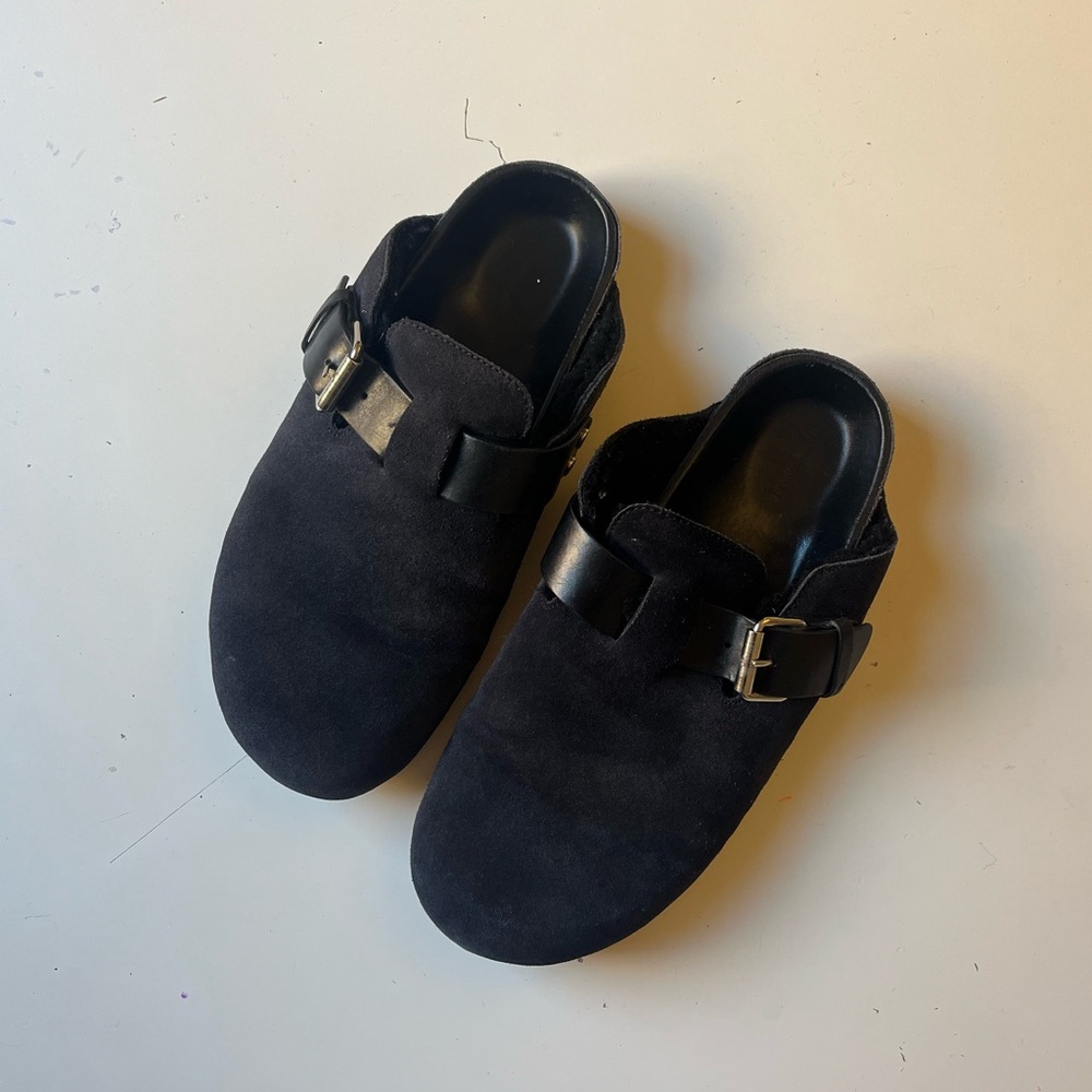 Isabel Marant Shearling Mirvin Mules in Black Suede. Size 39